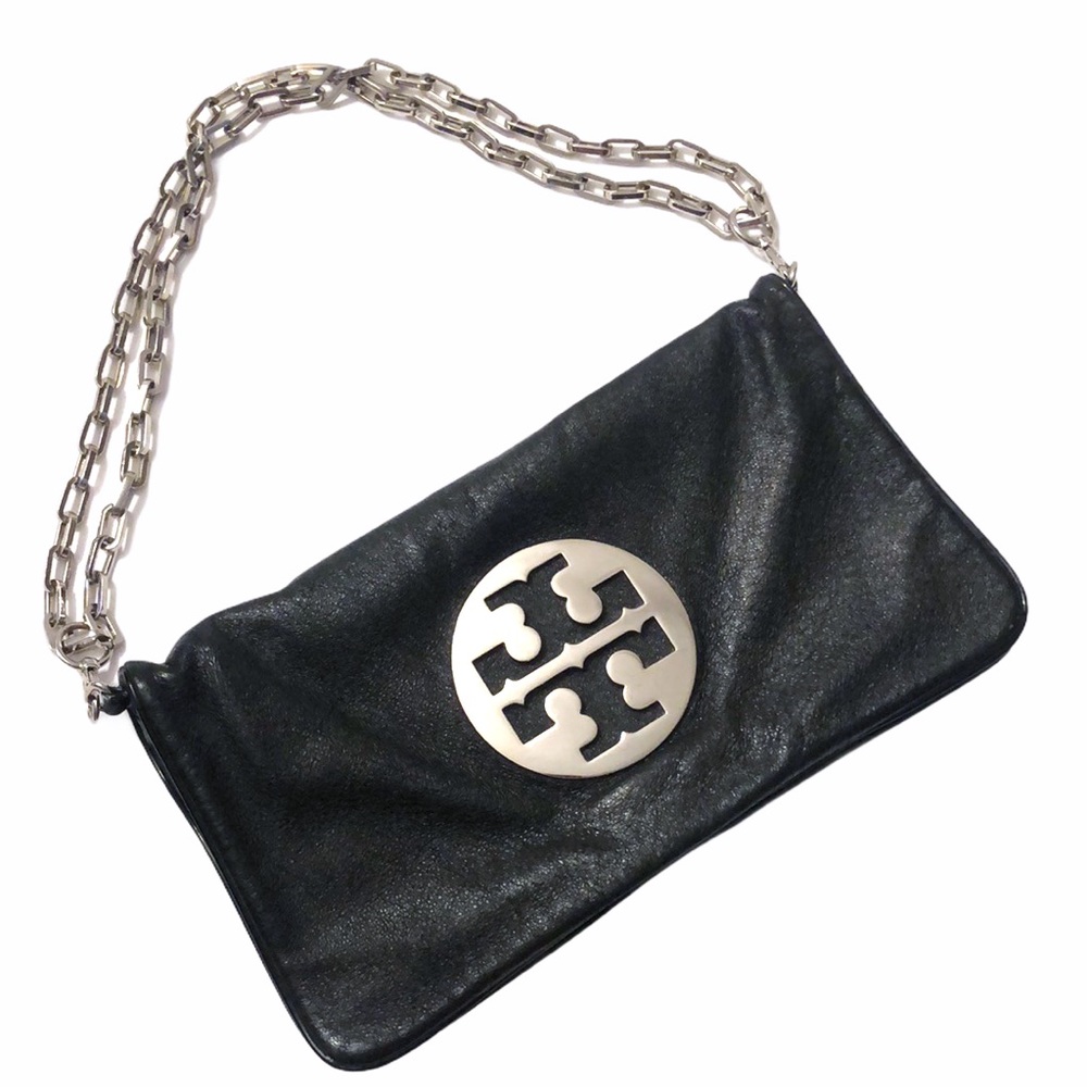 TORY BURCH leather chainstrap foldover clutch- EUC